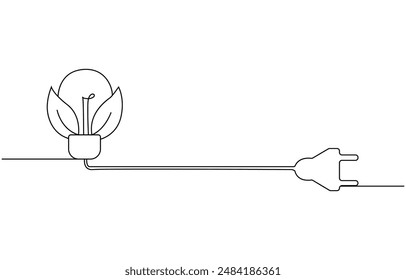 Banner with Plant inside Lightbulb in one line drawing. Creative concept of Green energy and environmental friendly sources. Horizontal Vector illustration, Plant inside Lightbulb in one line drawing.