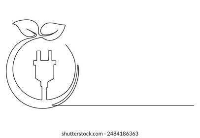 Banner with Plant inside Lightbulb in one line drawing. Creative concept of Green energy and environmental friendly sources. Horizontal Vector illustration, Plant inside Lightbulb in one line drawing.