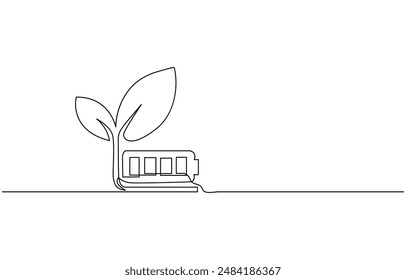 Banner with Plant inside Lightbulb in one line drawing. Creative concept of Green energy and environmental friendly sources. Horizontal Vector illustration, Plant inside Lightbulb in one line drawing.
