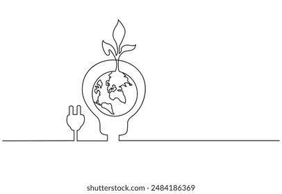 Banner with Plant inside Lightbulb in one line drawing. Creative concept of Green energy and environmental friendly sources. Horizontal Vector illustration, Plant inside Lightbulb in one line drawing.
