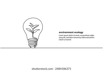 Anuncio con Planta dentro de Bombilla en un dibujo de línea. Concepto creativo de energía verde y fuentes respetuosas con el medio ambiente. Ilustración vectorial Horizontal, planta dentro de bombilla en un dibujo de línea.