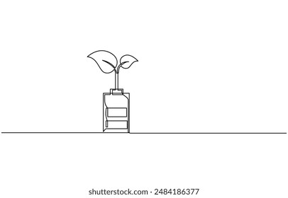 Banner with Plant inside Lightbulb in one line drawing. Creative concept of Green energy and environmental friendly sources. Horizontal Vector illustration, Plant inside Lightbulb in one line drawing.