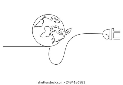 Banner with Plant inside Lightbulb in one line drawing. Creative concept of Green energy and environmental friendly sources. Horizontal Vector illustration, Plant inside Lightbulb in one line drawing.