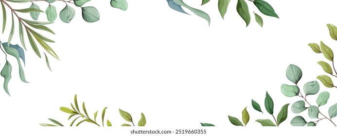 Un Anuncio con plantas, ramas y hojas. Una Plantilla Horizontal para decorar una boda en el estilo de la vegetación. Ilustración vectorial en estilo acuarela.
