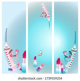 Banner for plastic surgery medicine. Syringe for injection under the skin, for the face and lips. Caricature of a girl with lipstick and a compact.Beauty, body and mental health industry.