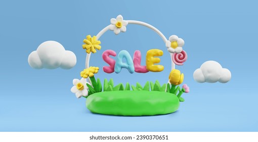 Banner with plasticine green meadow and arch about sale 3D style, vector illustration isolated on blue background. Decorative design with text, clouds and nature