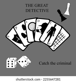 Banner with playing cards, dice and chips for a board detective game with inscription the great detective and catch the criminal. Poster for the website of table games for adults and children.