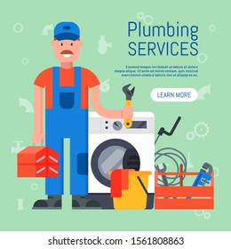 Banner of plumbing services vector illustration. Professional plumber man with tool case and adjustable wrench is standing near washing machine for repair. Landing page of repairing service.