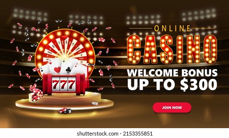 Banner With Podium With Casino Wheel Fortune, Red Slot Machine, Poker Chips And Playing Cards In Gold Stadium Arena With Spotlights