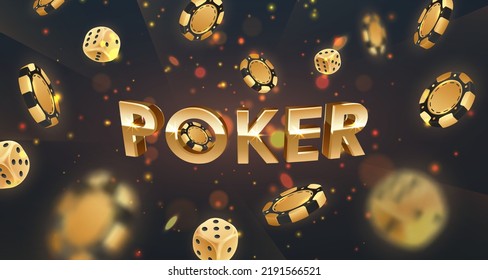Banner Poker with Falling golden poker chips, tokens, dices on black background with gold lights, rays, sparkles and bokeh. Vector illustration for game design, advertising.