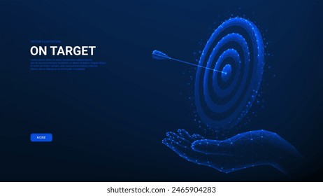 Banner with polygonal target. Vector illustration with hand holding glowing polygonal target and arrow. Growth strategy, business goal concept, goals achievement, targeting the business.