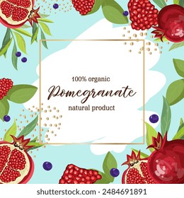 Banner with pomegranate and leaves. Design element for wedding, birthday, natural and eco cosmetics, suitable for poster, invitation or note. Vector illustration. 