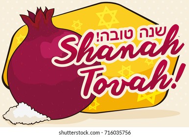 Banner with pomegranate, sugar and starry sign to celebrate a sweet Jewish New Year or Rosh Hashanah with good wishes ("Shanah Tovah", written in Hebrew).