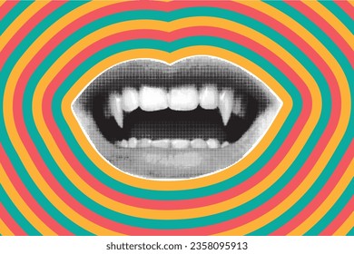 Banner in pop art style vampire mouth with fangs. Collage element in trendy halftone retro style, bright autumn colors, halloween.