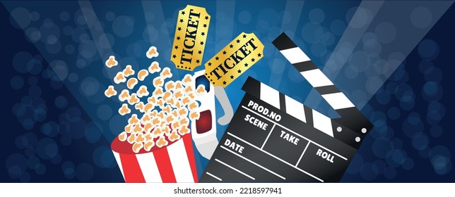 Banner with popcorn, tickets, movie clapper and 3D glasses on da