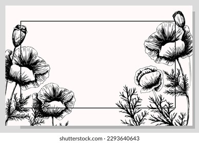 Banner with poppy flowers on a light background. Hand drawn poppy flowers. Symbol of the day of remembrance. Poster for the day of remembrance and victory