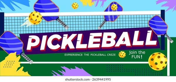 Banner of popular pickleball game on the background of the court net inscription pickleball rackets flying ball advertisement of pickleball game Vector