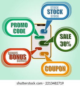 Une bannière avec des fenêtres contextuelles sur le téléphone. Correspondance avec des coupons, des rabais et des primes pour l'achat de marchandises. Bannière pour la publication sur Internet et l'impression de prospectus, distribution.
