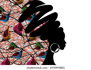 Banner portrait African woman in traditional turban handmade tribal motif wedding flowers, Kente head wrap African Wax print fabric background. Afro curly hair, vector silhouette isolated on white
