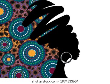 Banner portrait African woman in traditional turban handmade tribal motif wedding flowers, Kente head wrap African Wax print fabric background. Afro curly hair, vector silhouette isolated on white