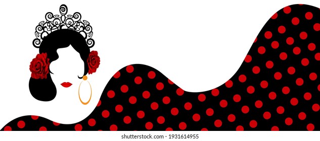 Banner Portrait Of Flamenco Woman, Beautiful Girl, Spanish Style. Latin Lady Wearing Folk Accessories Ethnic Comb, Peineta, Red Rose Flowers, Polka Dots Dress. Vector Isolated On White Background 