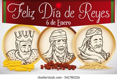 Banner with portraits in hand drawn style inside rounded buttons The Three Wise Men or Magi and red ribbon celebrating with Spanish text "Dia de Reyes" or Epiphany in January 6.