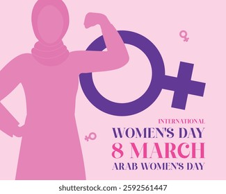 Banner - post design for March 8, Women’s Day: A hijabi girl powerfully places her hand inside the female symbol, stunning purple - pink tones. Perfect for social media - versatile projects. #March8 