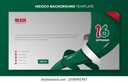 Banner post template design with wavy 3d green shape wrapped with ribbon. Mexico independence day background. Also good template for mexico national day