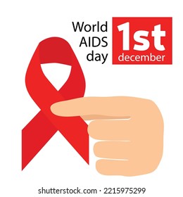 Banner for post for World AIDS day, 1 December. European hand holding red ribbon. Vector illustration.