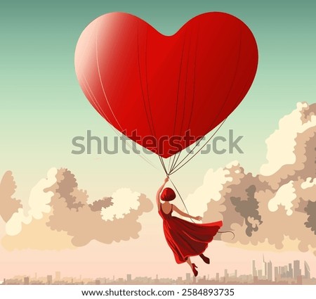 banner postcard for animation photo zone Valentine's Day woman in a red dress in love flies in a hot air balloon heart clouds dreams over the city