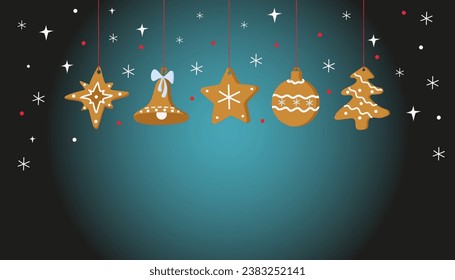 Banner, postcard. Christmas gingerbreads  house, tree, stars, Christmas figurines. Traditional cookies, holiday dessert. Winter holiday vector illustration with isolated background.