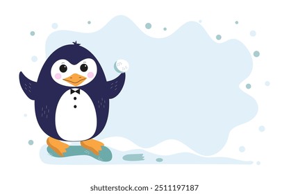 Banner, pequeno pinguim fofo de cartão postal. Desenhos animados da Antártica, pássaro polar. Inserir para texto. Fundo com flocos de neve, neve.