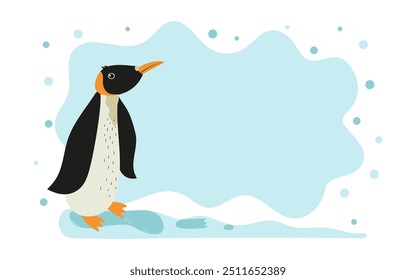 Banner, pinguim fofo de cartão postal. Desenhos animados da Antártica, pássaro polar. Dia Mundial do Pinguim. Inserir para texto. Fundo com flocos de neve, neve.