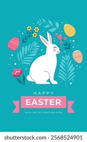 Banner postcard for Easter holiday with a hare and spring flowers around painted multi-colored eggs. Vector illustration.