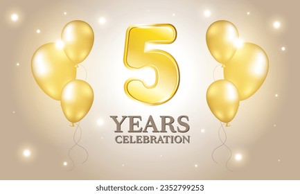 Banner postcard greeting card. Five years old golden figure and golden balloons on light background with lights. 
