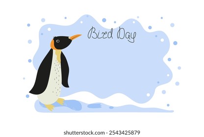 Banner, Postkarte. Nationaler Vogeltag. Pinguin, Polarvogel. Zeichentricktier der Antarktis. Handschrift. Leerzeichen für Text. Hintergrund mit Schneeflocken, Schnee, Eis.