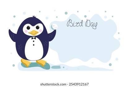 Banner, Postkarte. Nationaler Vogeltag. Netter lustiger Pinguin, Polarvogel. Zeichentricktier der Antarktis. Handschrift. Leerzeichen für Text. Hintergrund mit Schneeflocken, Schnee, Eis.