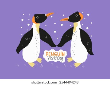 Anuncio, pareja de Pingüinos de postal. Día Mundial del Pingüino, inscripción, Imagen con leyenda. Vector ilustración plana de dibujos animados. Un par de pingüinos, nieve. Carácter, animal antártico, pájaro polar.