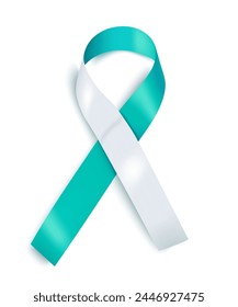 Anuncio, postal, póster sobre cáncer de cuello uterino con Vector 3d realista turquesa y cintas blancas sobre un fondo blanco. El símbolo del Mes de Concientización sobre el Cáncer de Cuello Uterino en primer plano. Vector.