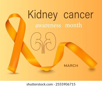 Banner, postcard, poster about kidney cancer with vector 3d realistic orange ribbon on an orange background. The symbol of Kidney Cancer Awareness Month. The concept of World Kidney Cancer Day
