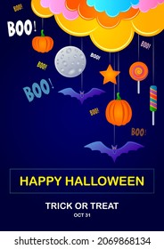 Banner, postcard or poster with congratulations on Halloween. Flat stylized elements on a dark blue background. Pumpkins, clouds, moon, bats and the like