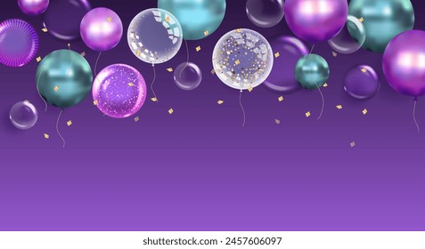 Banner, postcard poster, festive background with realistic balloons and helium balloons.