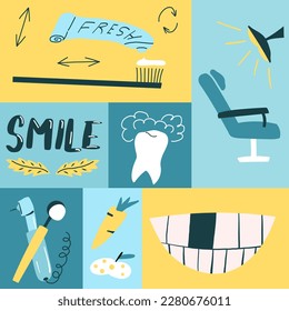 Banner or postcard with set of hand drawn objects for dental clinic or educational materials, mobile app, website.