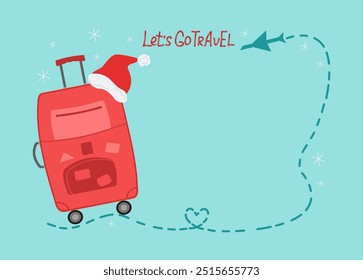 Banner, postcard with text. Santa red suitcase with stamps of different countries, Christmas vacation trip. Santa hat. New Year, Christmas. Hand lettering. Air travel, airplane. Isolated background.