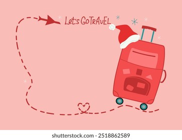 Banner, postcard with text. Santa red suitcase with stamps of different countries, Christmas vacation trip. Santa hat. New Year, Christmas. Hand lettering. Air travel, airplane. Isolated background.