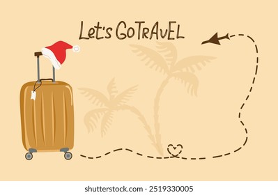 Banner, postcard. Travel, Santa's suitcase, Christmas vacation. Santa's hat. New Year, Christmas. Handwritten inscription. Flight, airplane. Isolated background.