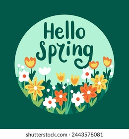 Banner postcard with wildflowers and hand lettering Hello spring