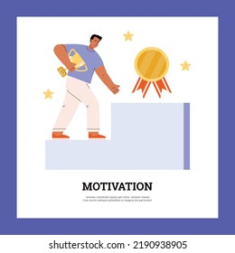 Banner or poster about gamification flat style, vector illustration isolated on purple background. Man with goblet goes up to gold medal, motivation, stars and place for text