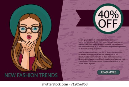 Banner or poster about special offer sale. Fashion vector illustration with beauty girl. Marketing design. 