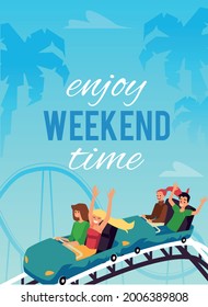 Banner or poster for amusement park attractions promotion, flat vector illustration. Weekend recreation in amusement park with people riding roller-coaster.